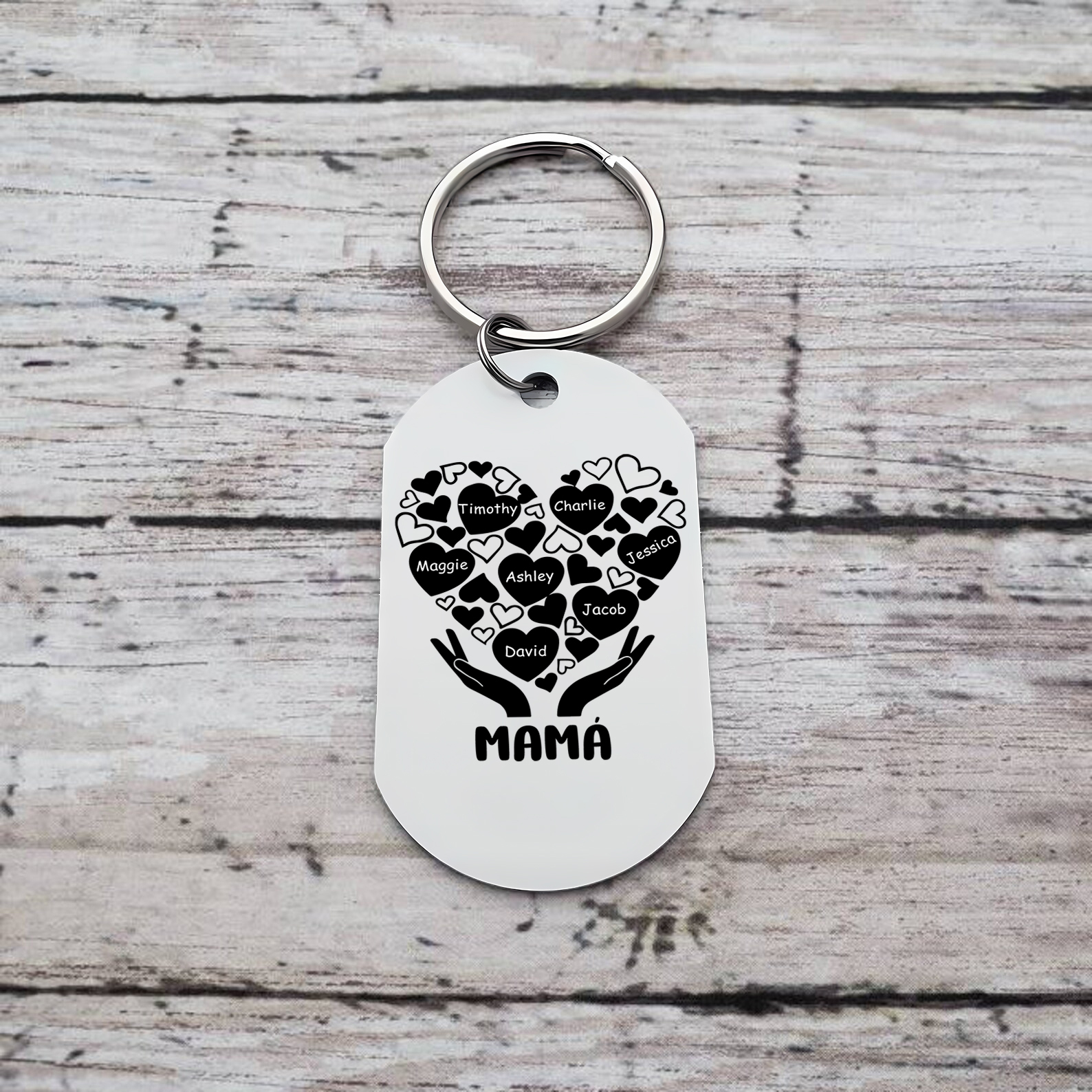 A mi mamá/abuela-Llavero 1-7 Nombres Personalizados con Texto CORAZONES Y MANOS