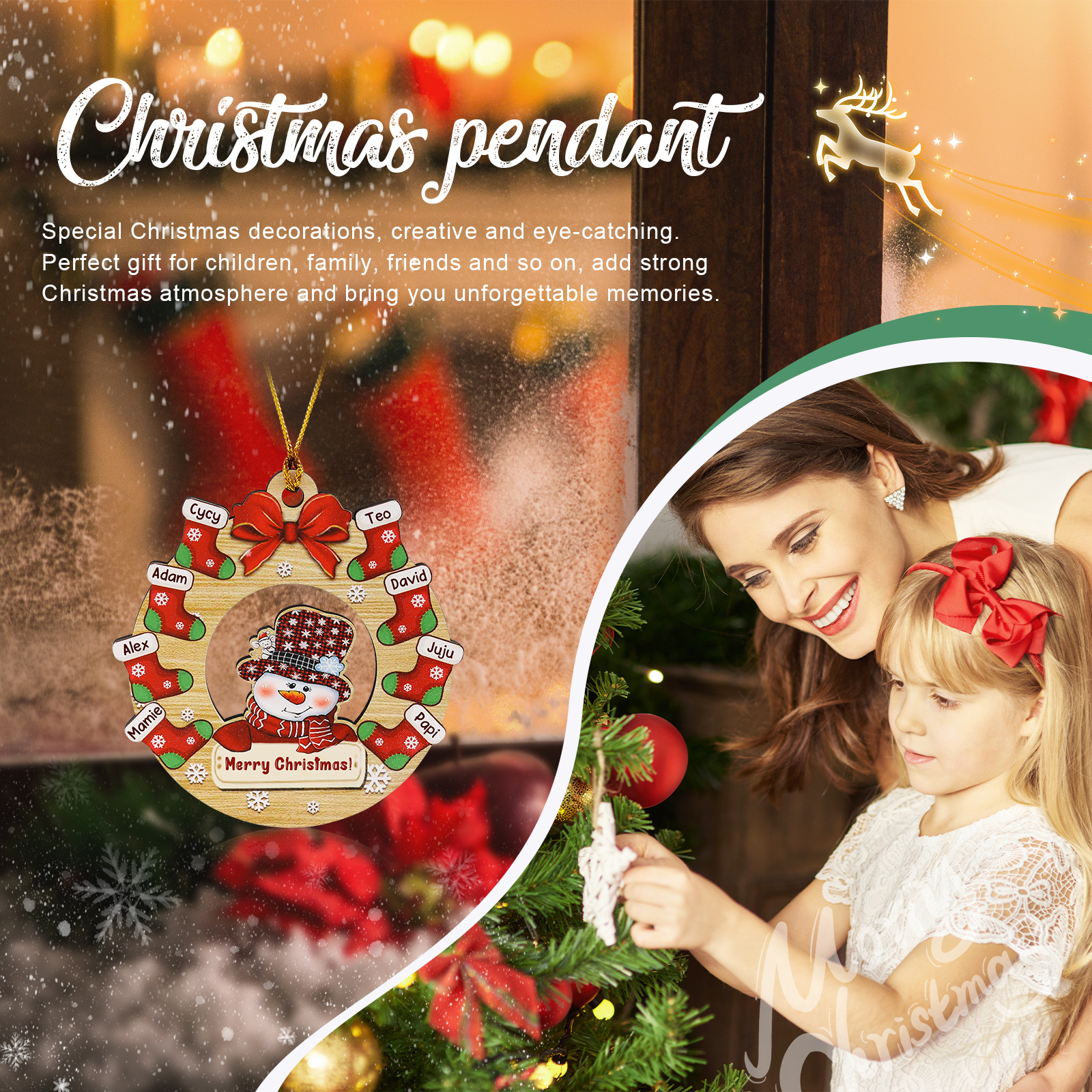 Navidad-Ornamentos Navideños de Madera Muñecos de Nieve y Calcetines 8 Nombres con Texto Personalizados-Jessemade ES