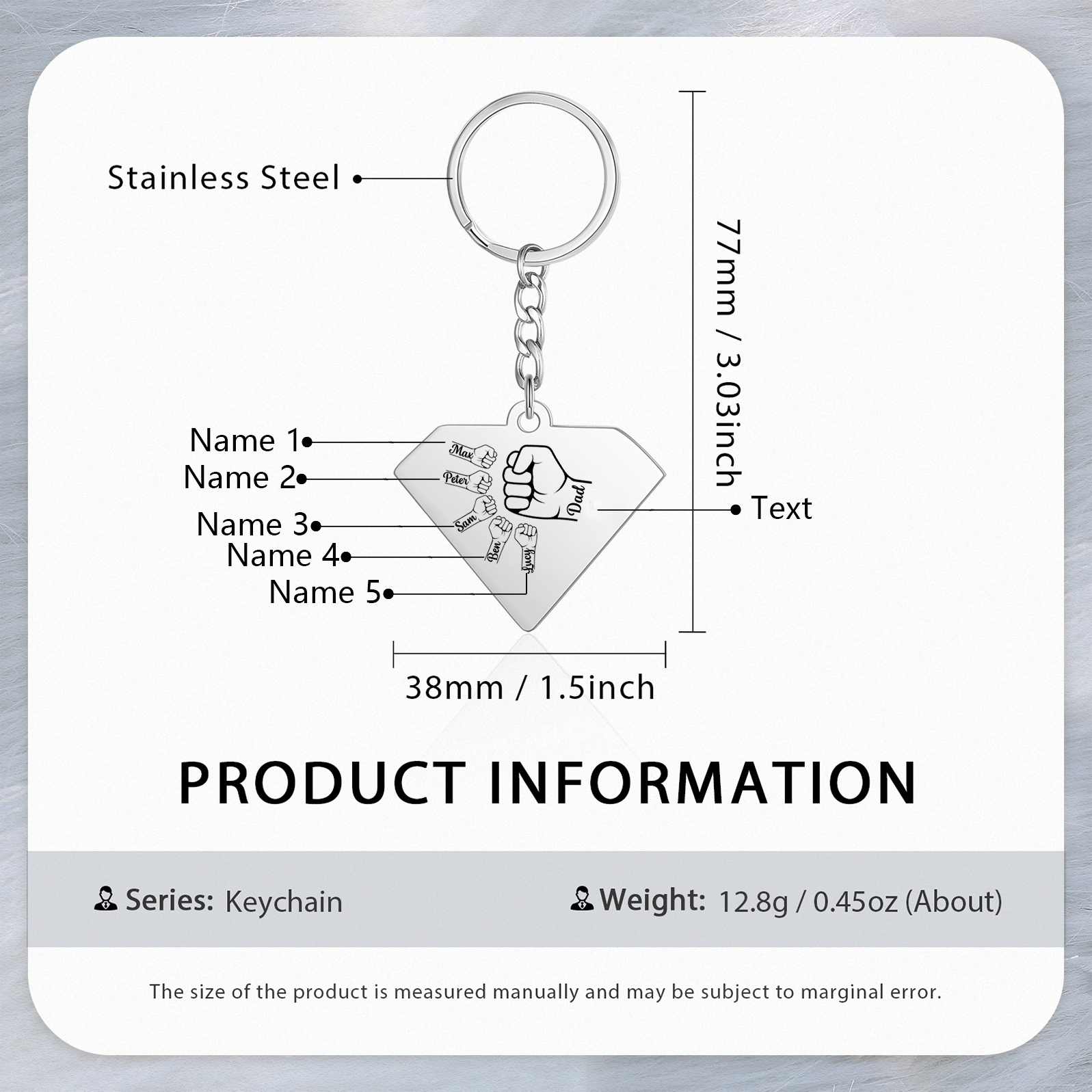 Llavero en forma de Superman puño con puño con 5 nombres personalizados con texto-Jessemade ES