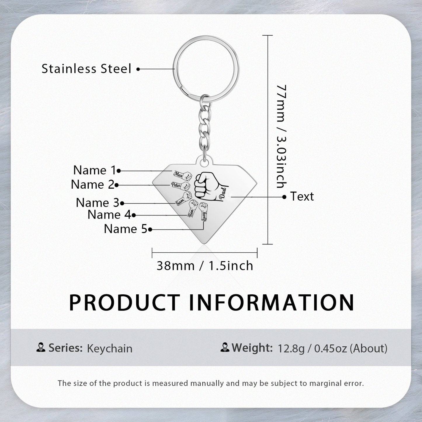 Llavero en forma de Superman puño con puño con 5 nombres personalizados con texto-Jessemade ES