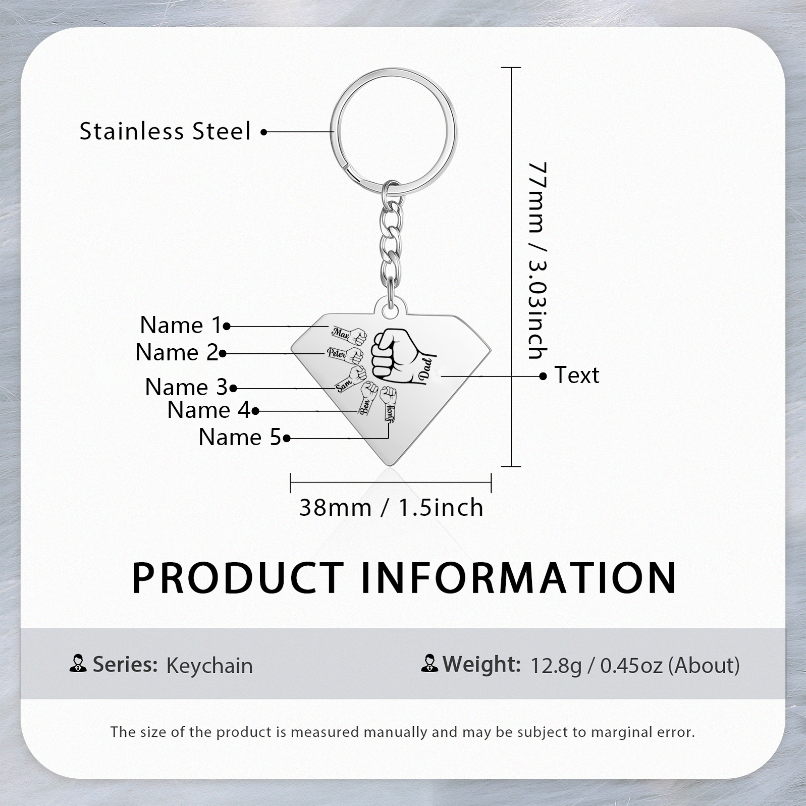 Llavero en forma de Superman puño con puño con 5 nombres personalizados con texto-Jessemade ES