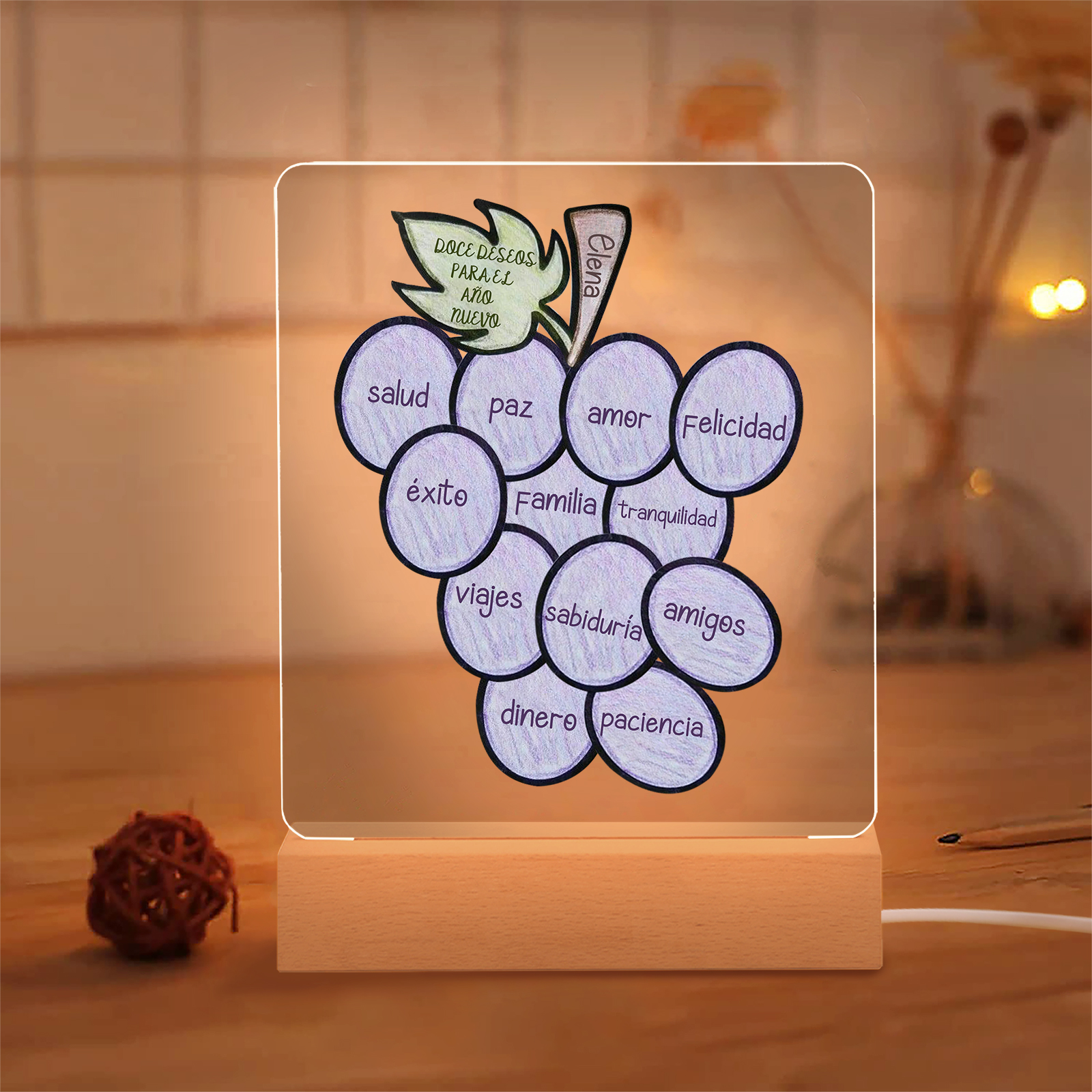 Navidad-Lámpara Luz de Noche LED Año Nuevo Doce Uvas Doce Deseos con Nombre Personalizado-Jessemade ES