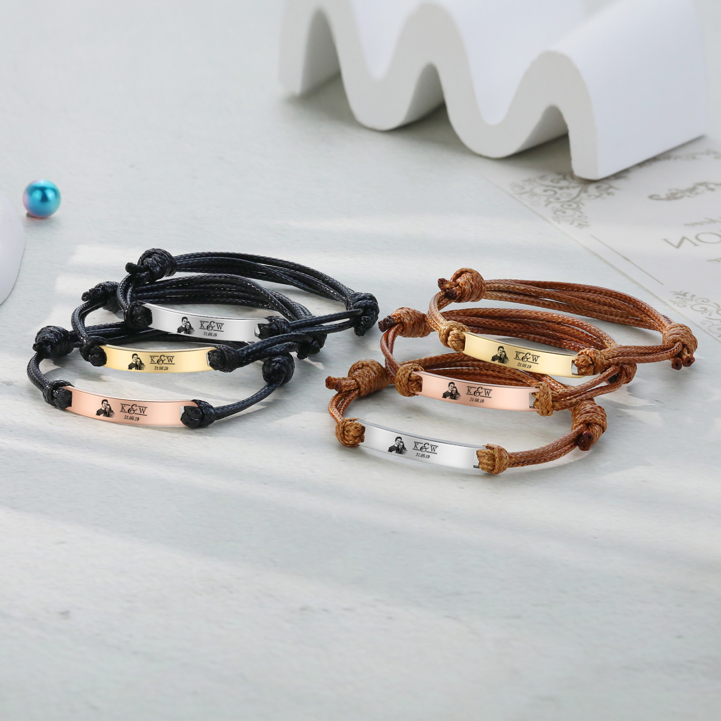 Pulseras de cuerda con placa personalizada con 2 letras, fecha y foto-Jessemade ES
