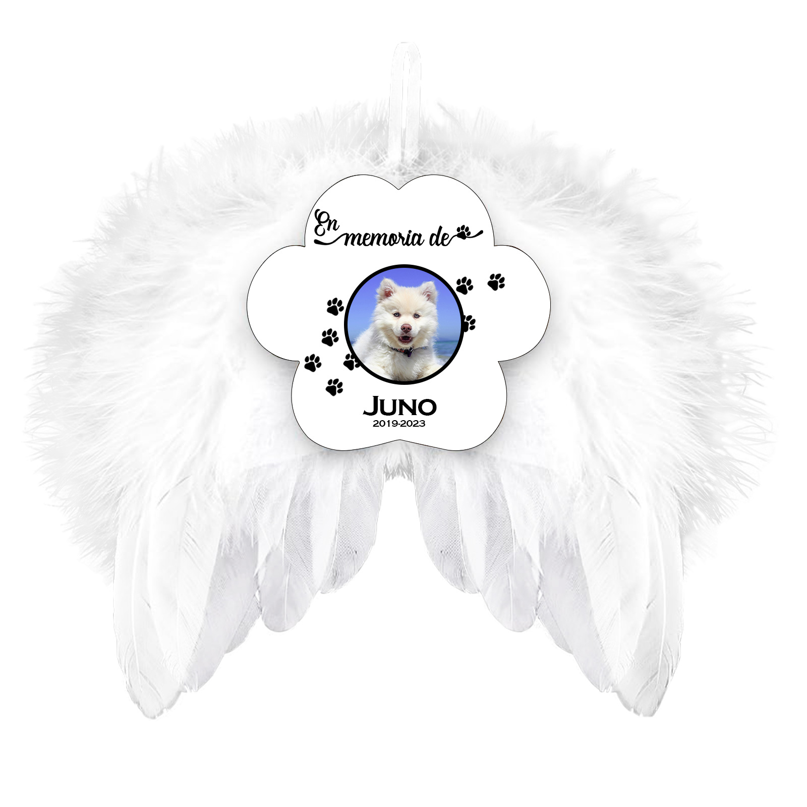 Navidad-Ornamento navideño alas de ángel en memoria de perros con 1 foto, 1 nombre y años personalizados-Jessemade ES