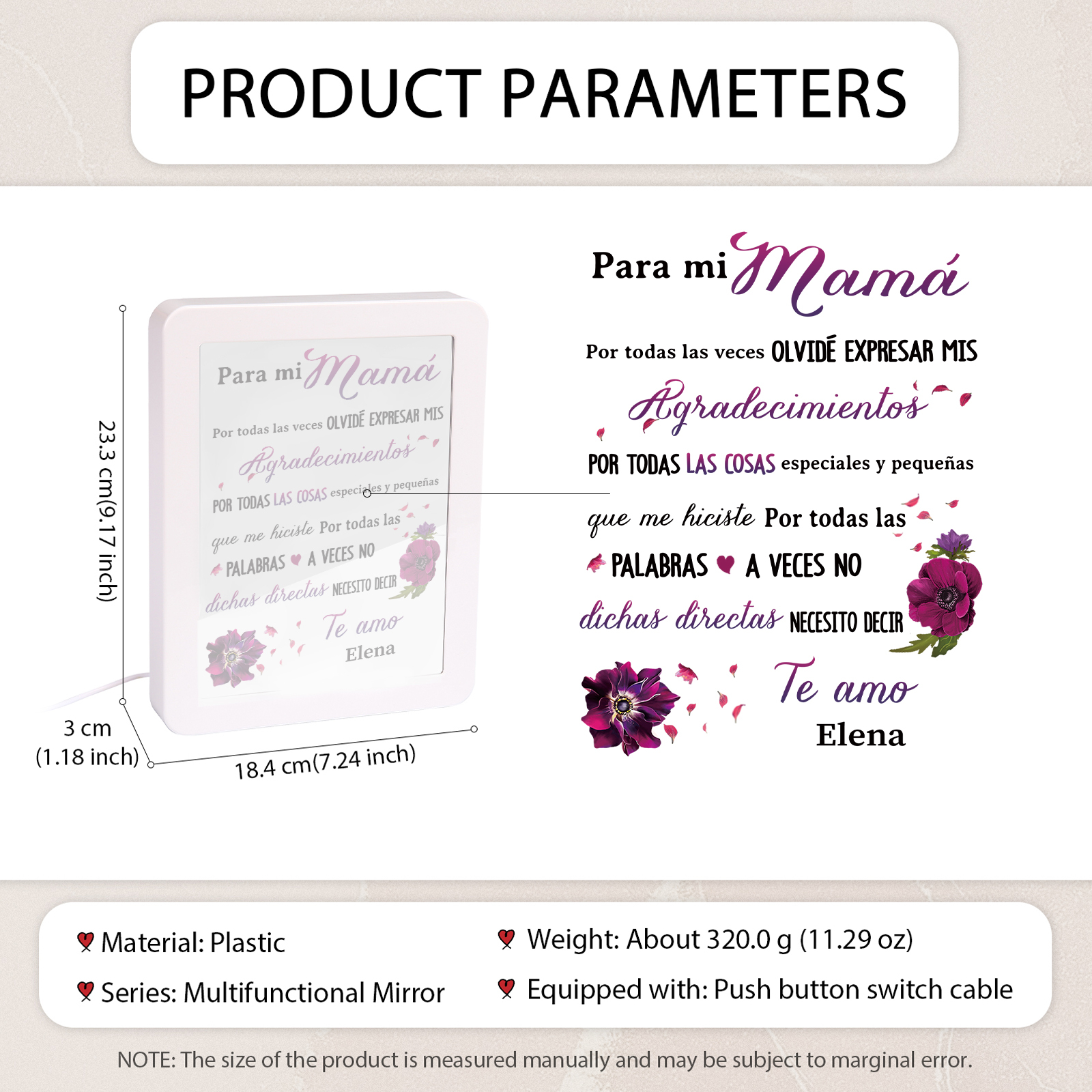 A mi mamá-Marco/Espejo con LED Multifuncional con Texto Amoroso 1 Nombre Personalizado-Jessemade ES