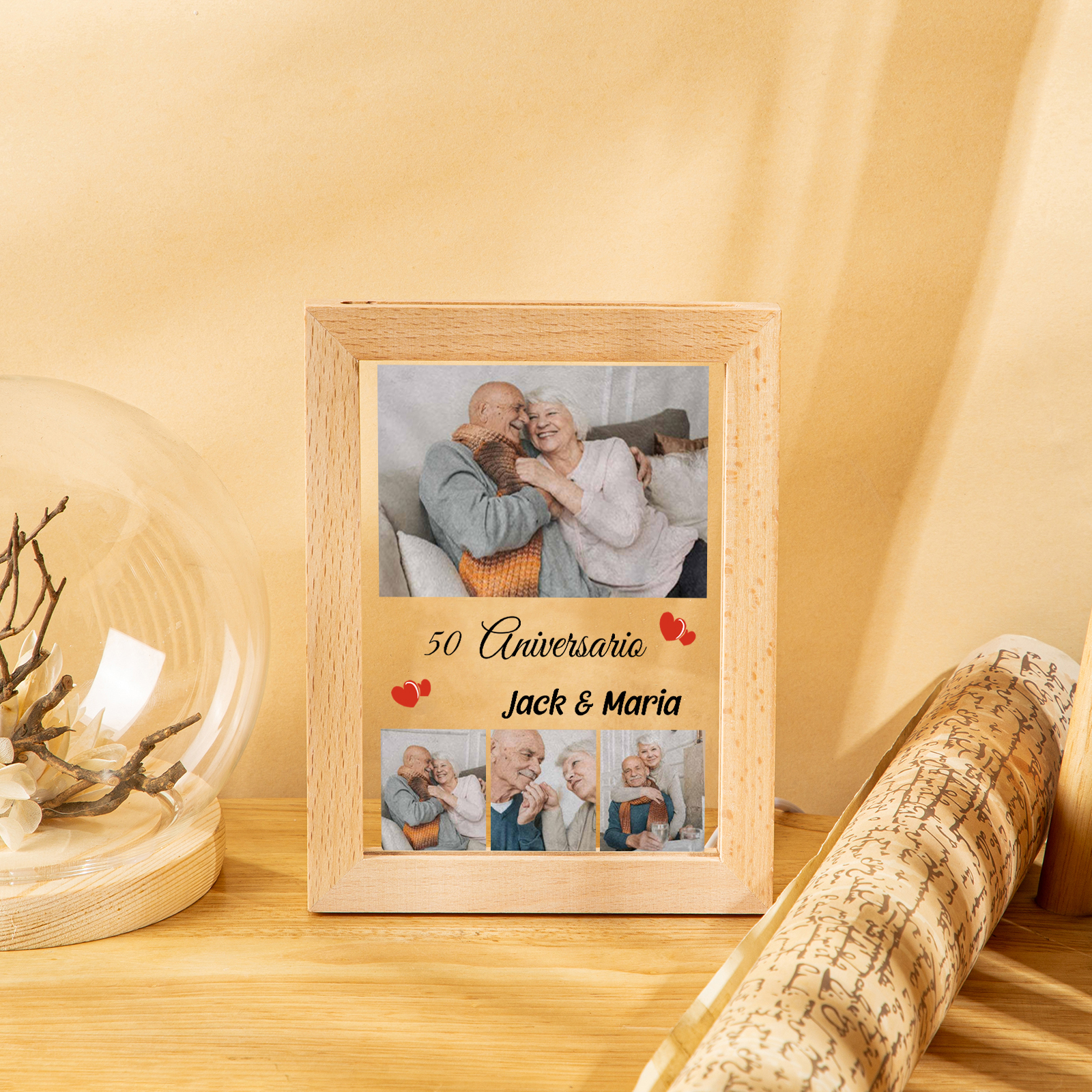 Marco con lámpara aniversario de 4 fotos de madera para pareja 2 nombres y número personalizados-Jessemade ES