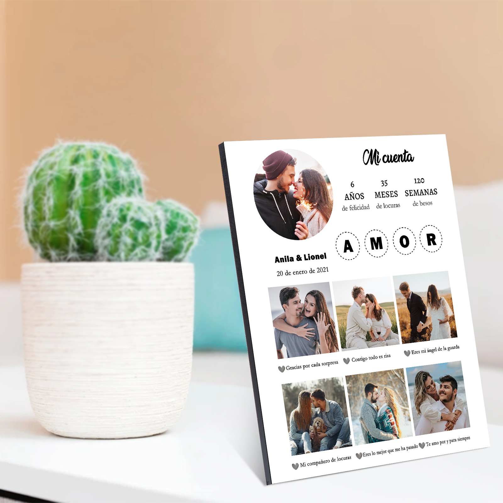 Lámina marco de madera para pareja personalizado con 2 textos, 3 números y 7 fotos-Jessemade ES