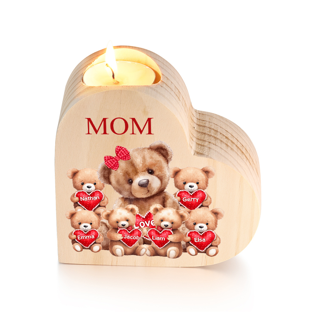 A mi mamá/abuela-Candelero osos 1-6 nombres y 1 texto personalizados en forma de corazón de madera sin candela-Jessemade ES