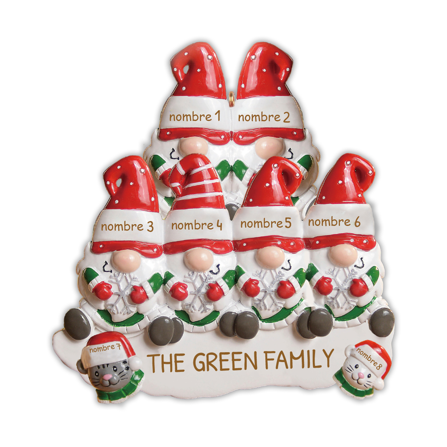 Navidad-Ornamento Navideño Familia de Seis con Dos Gatos 8 Nombres con Texto Personalizados Adorno de Madera