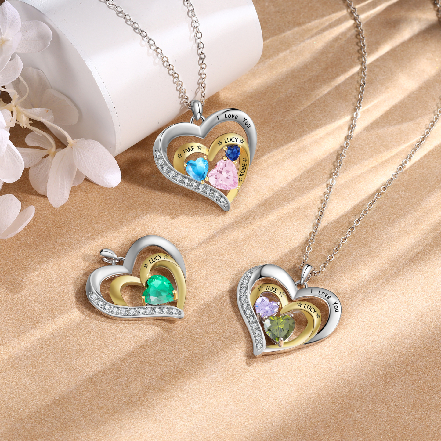 Collar de corazón de plata 925 con 1 nombre y 1 piedra de nacimiento personalizados-Jessemade ES