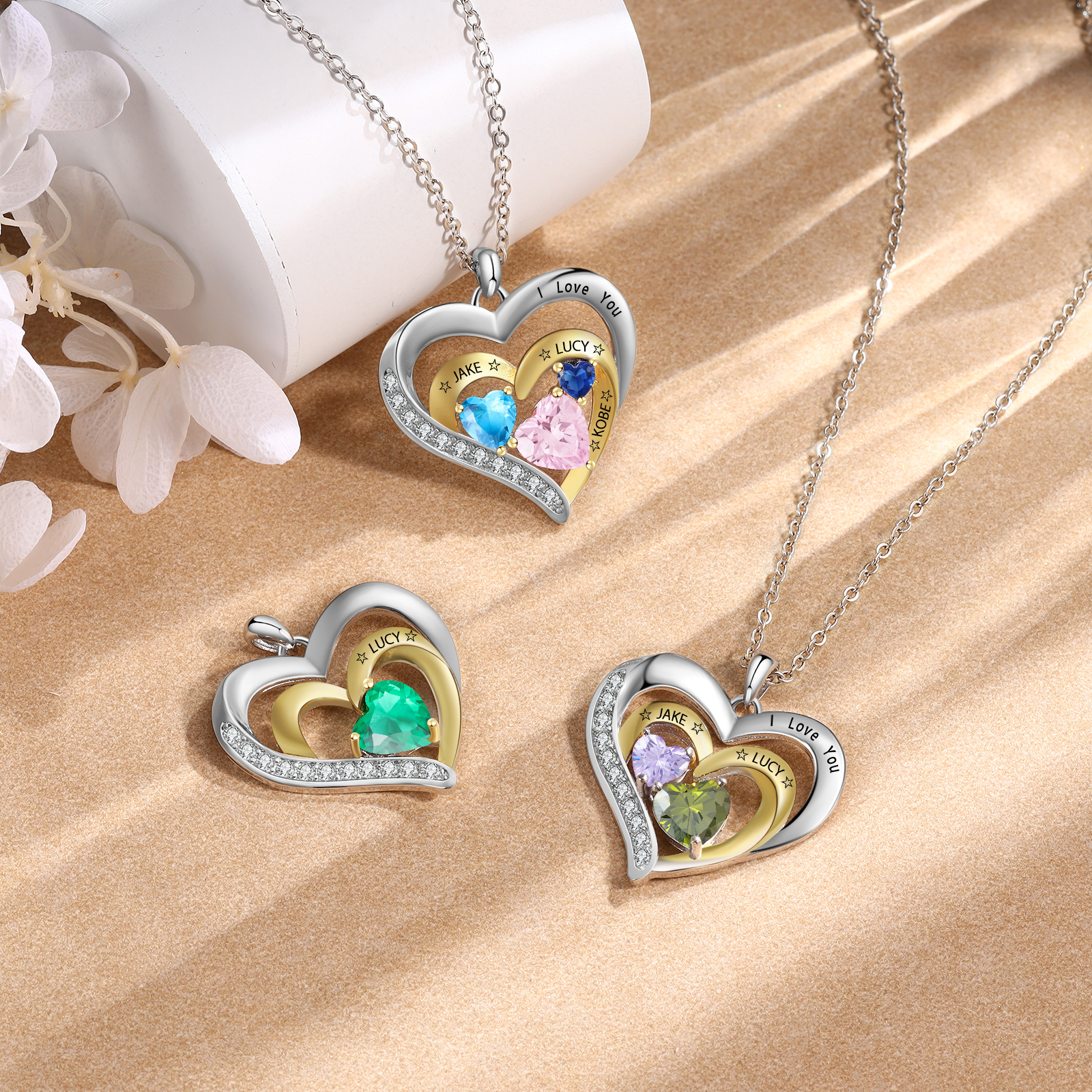 Collar de corazón de plata 925 con 1 nombre y 1 piedra de nacimiento personalizados-Jessemade ES