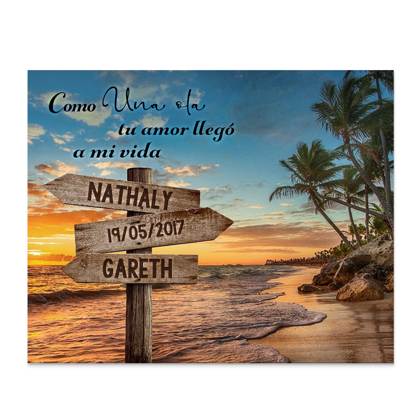 Lámina playa marco de madera para pareja personalizado con 2 nombres y fecha-Jessemade ES