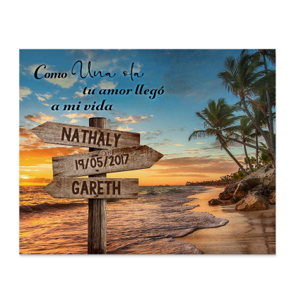 Lámina playa marco de madera para pareja personalizado con 2 nombres y fecha-Jessemade ES