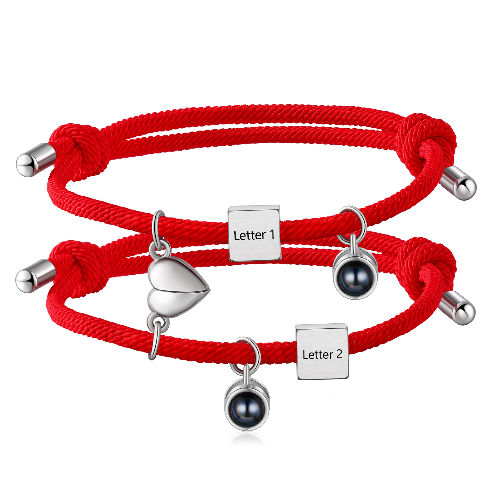 Pulsera de cuerda para pareja personalizada con 2 letras con proyección de foto y dije de corazón magnético-Jessemade ES