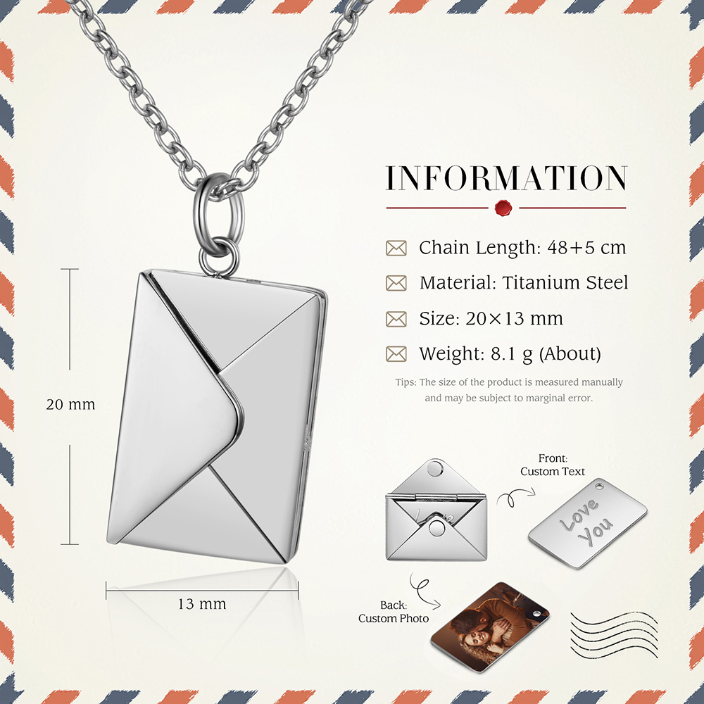 Collar con colgante de sobre con hoja de 1 texto y 1 foto personalizados