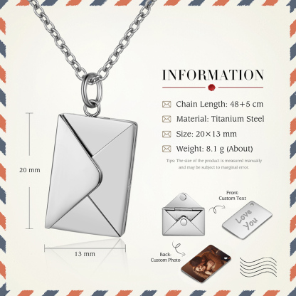 Collar con colgante de sobre con hoja de 1 texto y 1 foto personalizados