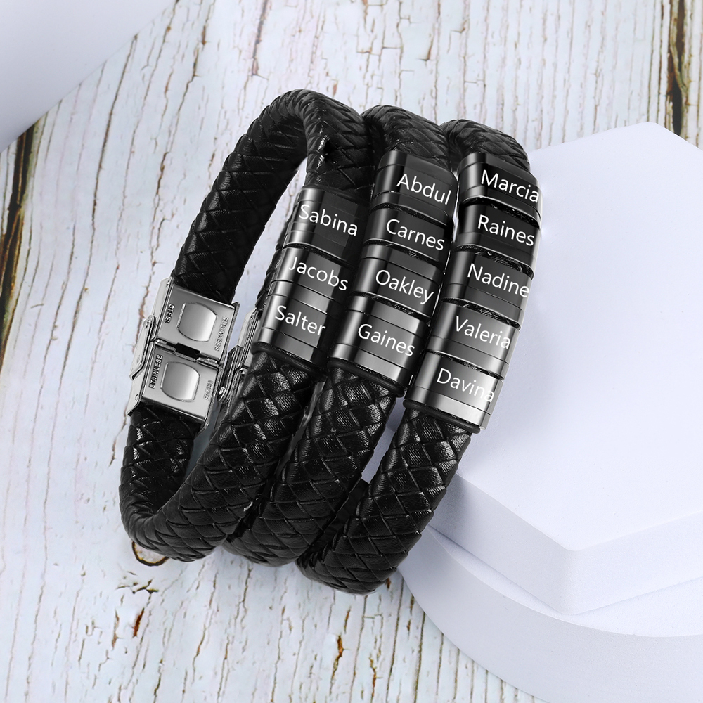 A MI PAPÁ-Pulsera de cuero trenzado de hombre con 5 perlas personalizadas con 5 nombres-Jessemade ES