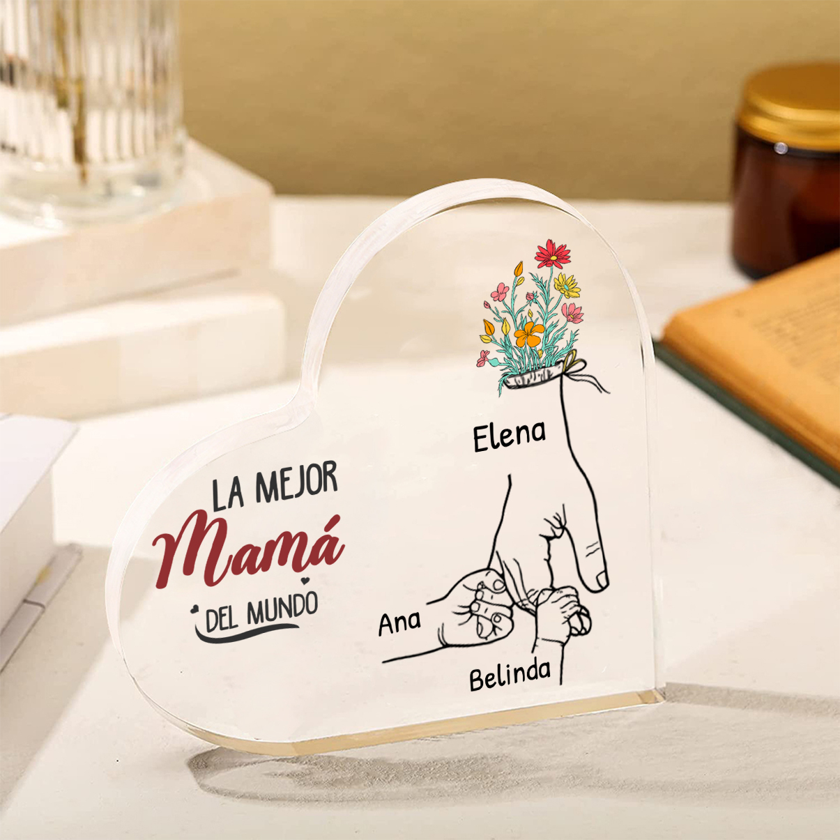 A mi mamá-Placa de acrílico en forma de corazón mano y manitos 2-7 nombres personalizados