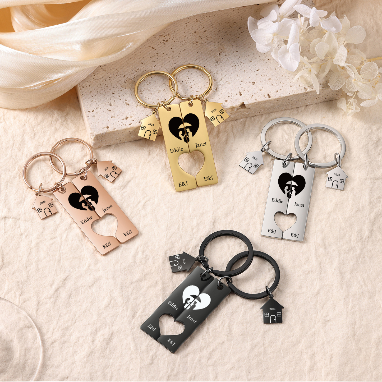 Llavero para pareja sombras 2 letras, 2 nombres personalizados con año dije de casa-Jessemade ES