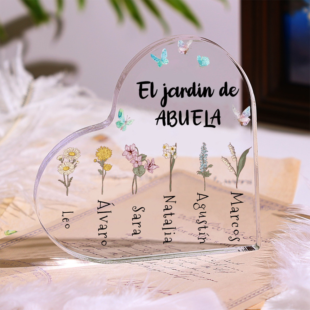 Abuela - Placa de acrílico en forma de corazón "flores" de abuela 1-6 nombres y flores personalizados-Jessemade ES
