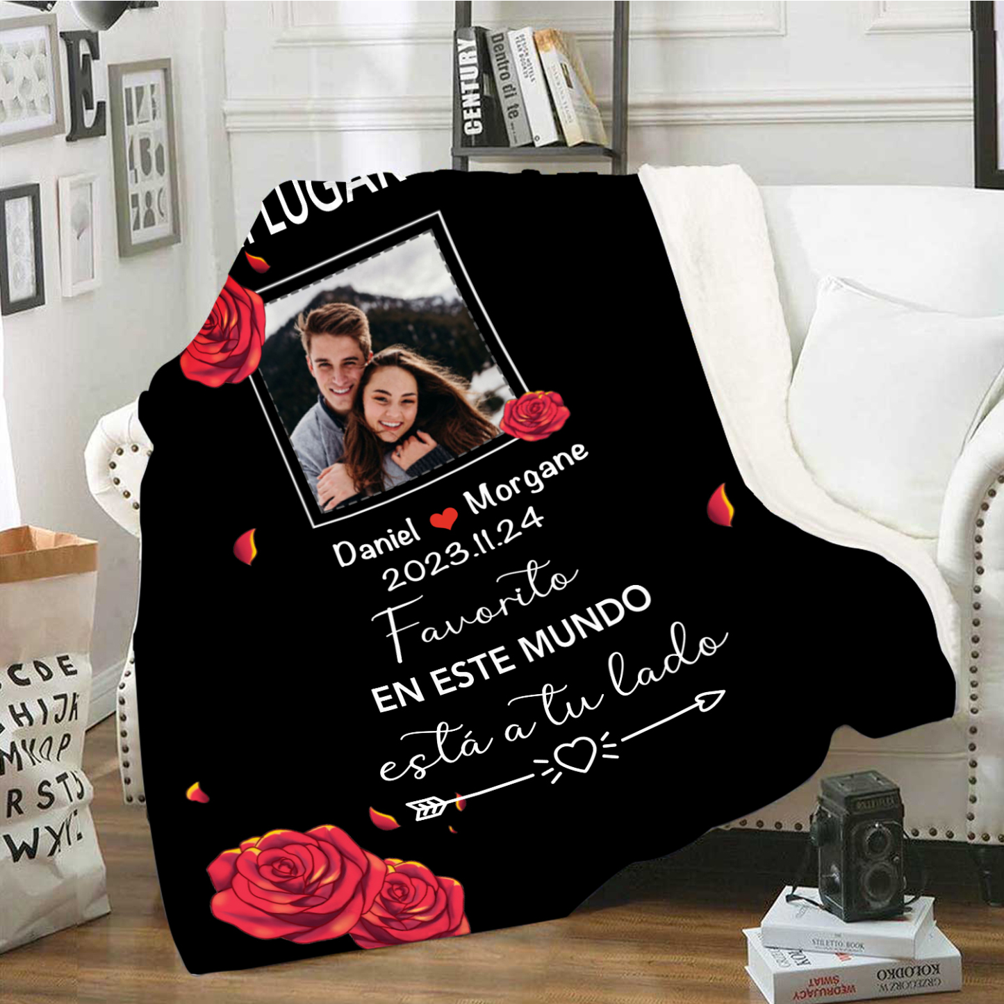 Pareja-Manta de buen calidad de foto personalizada con nombres y fecha-Jessemade ES