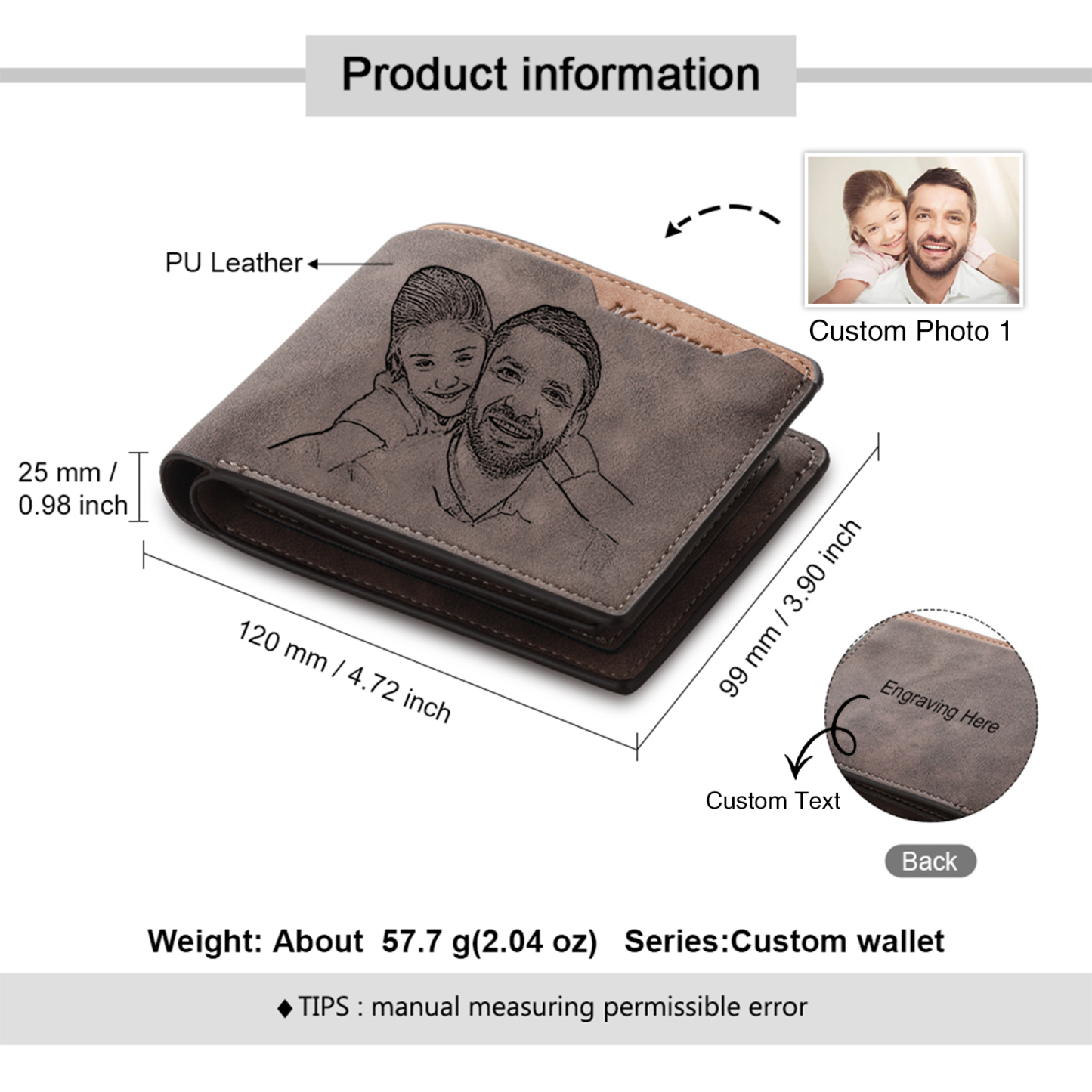 Kit de regalo-Llavero, cartera y bolígrafo con fecha y texto personalizados con 2 fotos para hombre-Jessemade ES