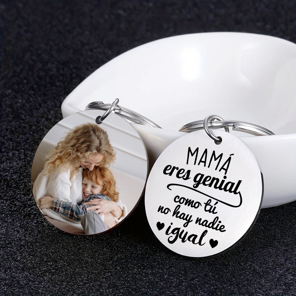 A mi mamá - Llavero de placa redonda "genial mamá" con 1 foto personalizada-Jessemade ES
