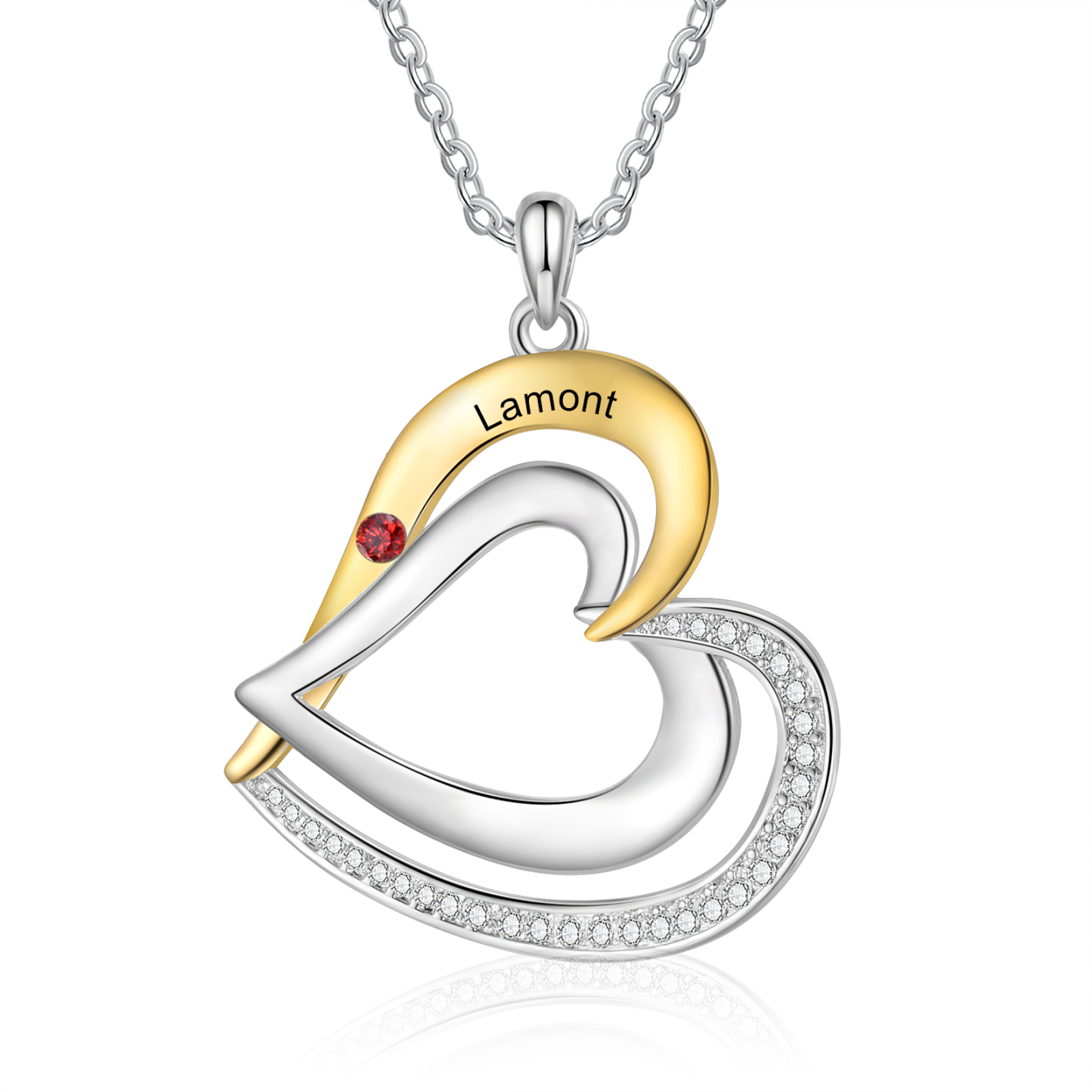 Collar de corazón de plata 925 con 1 nombre y piedra de nacimiento personalizado-Jessemade ES