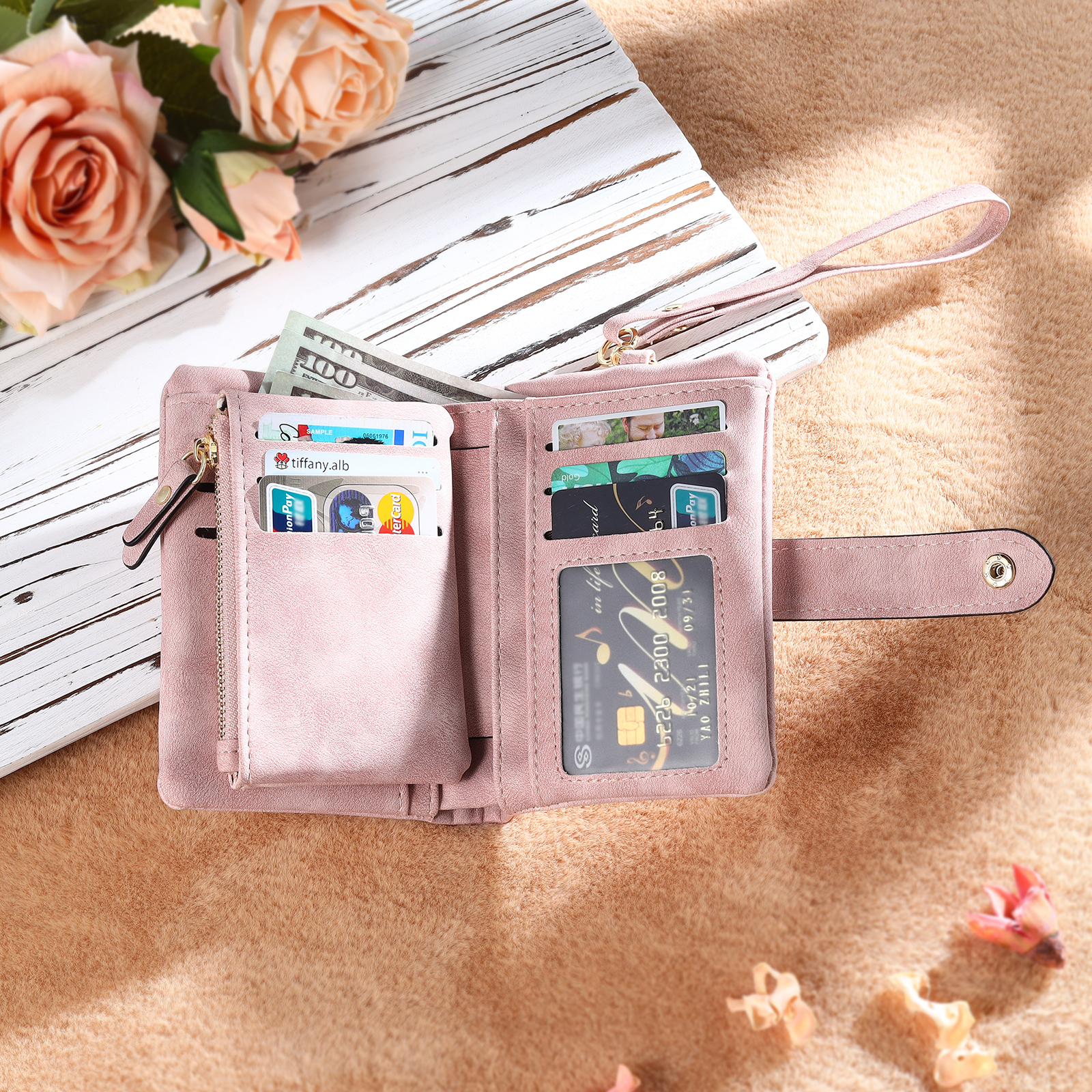 Cartera, billetera con 1 nombre y 1 flor de nacimiento personalizados monedero clásico para mujer