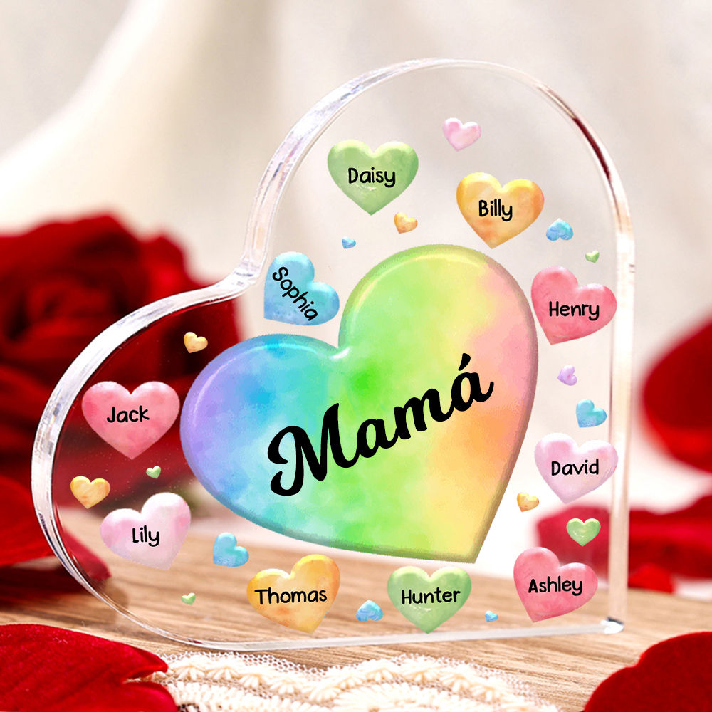 A mi mamá/abuela-Placa de acrílico "Corazones" en forma de corazón 10 nombres y 1 texto personalizados-Jessemade ES