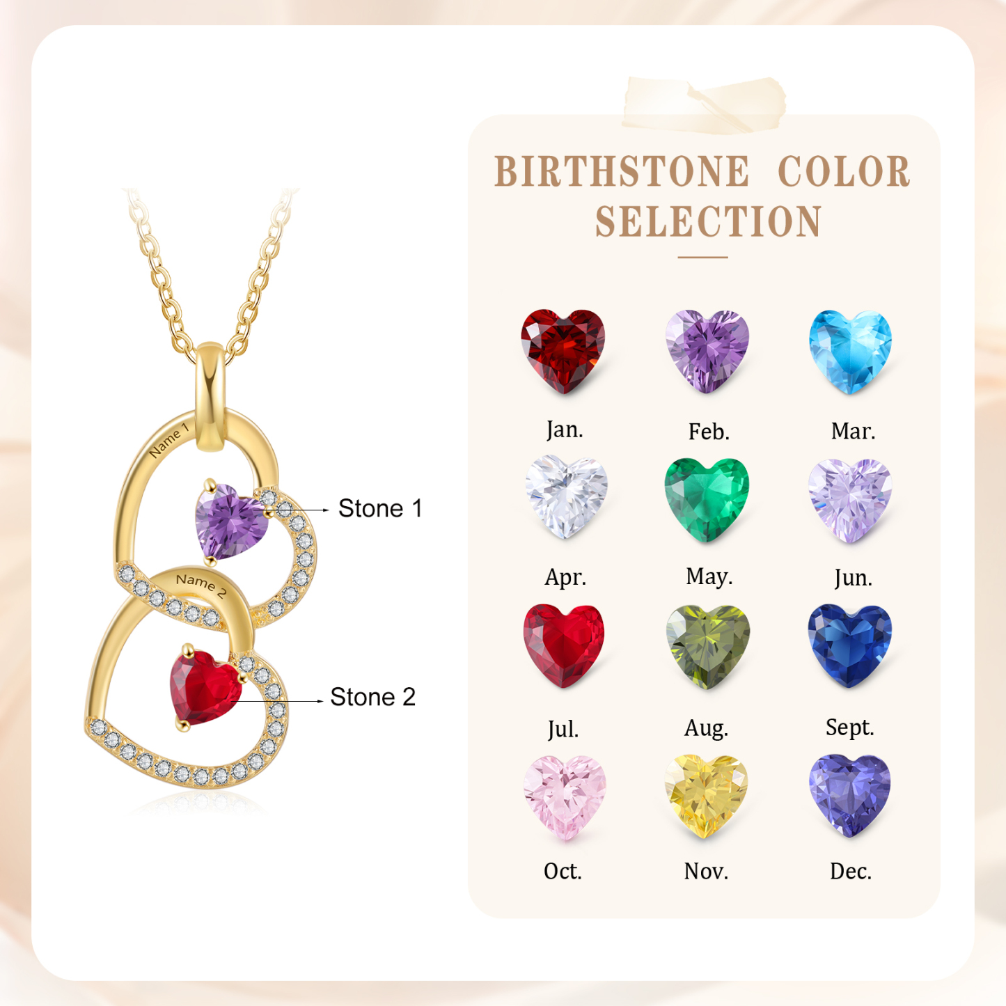 Collar corazones con 1-3 nombres personalizados y 1-3 piedras de nacimiento-Jessemade ES
