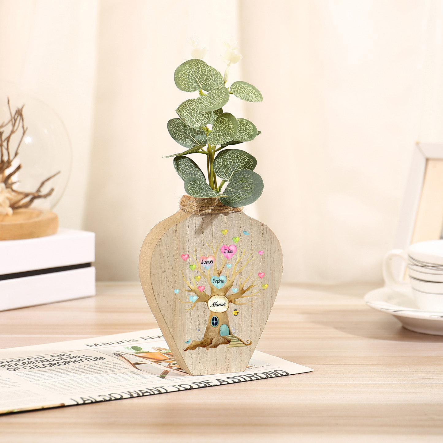 Florero de madera árbol de corazones 3 nombres personalizados con texto decoración del hogar-Jessemade ES