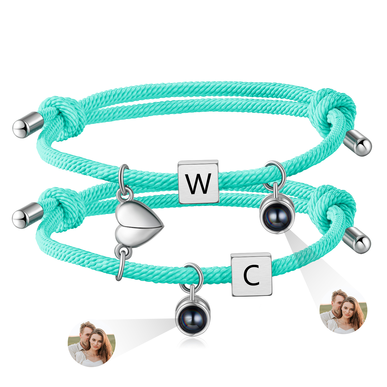 Pulsera de cuerda para pareja personalizada con 2 letras con proyección de foto y dije de corazón magnético-Jessemade ES