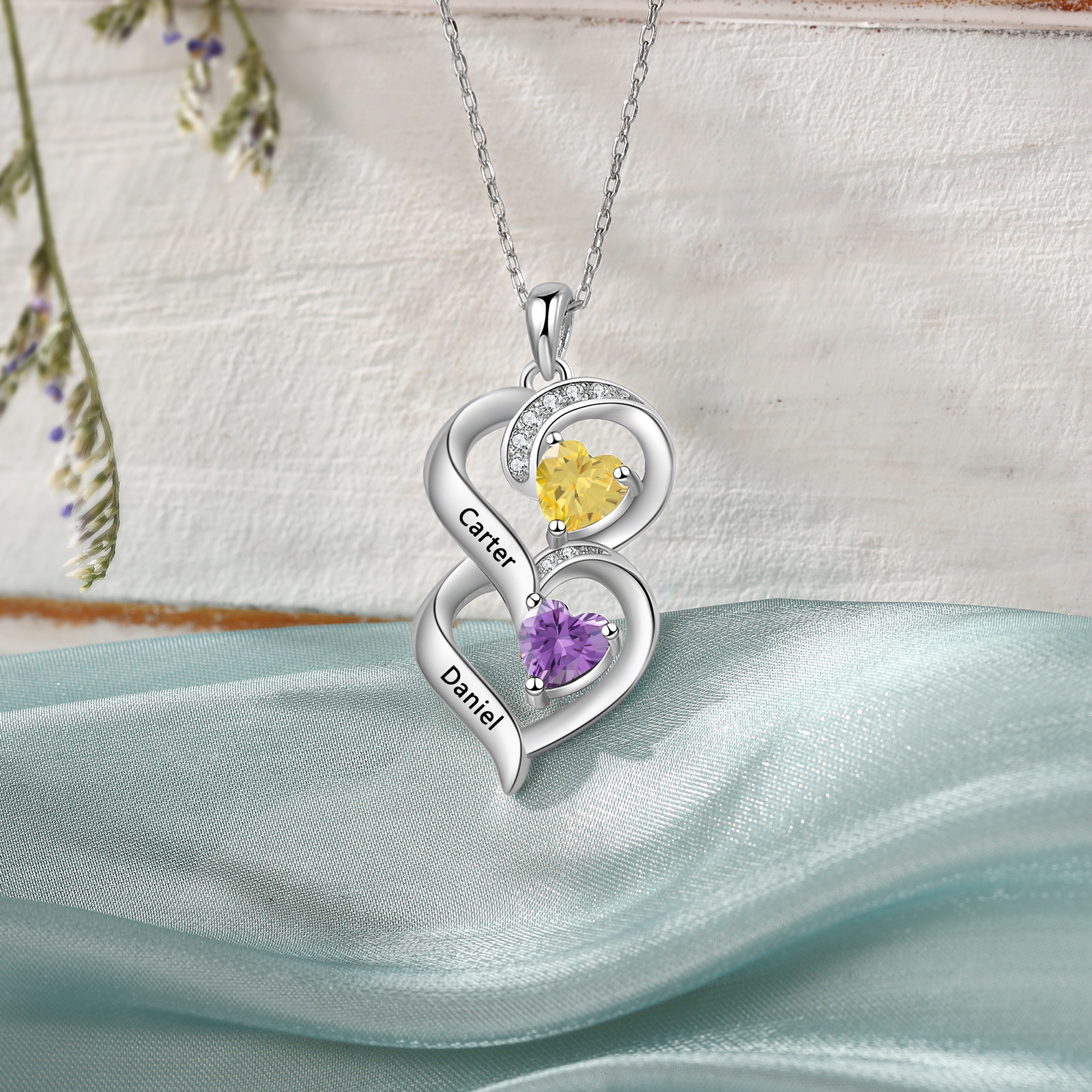 Collar de dos corazones con 2 nombres y piedras de nacimiento personalizados-Jessemade ES