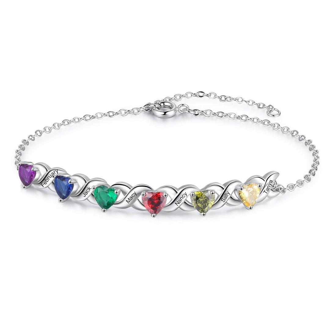 Pulsera infinito personalizada con 6 nombres y 6 piedras de nacimiento de corazón-Jessemade ES