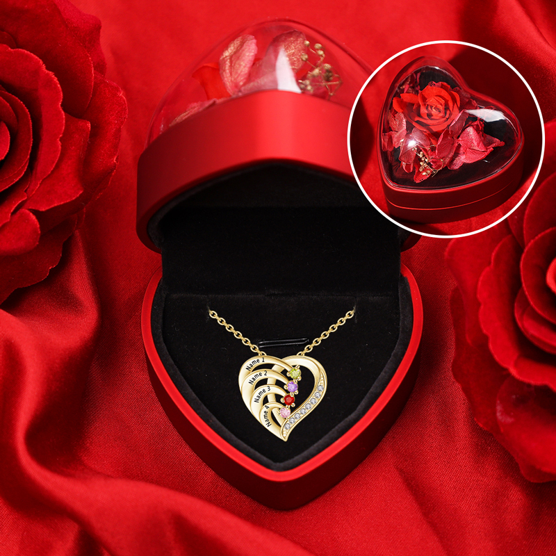 Collar de corazón de plata 925 con 4 nombres y 4 piedras de nacimiento personalizados-Jessemade ES