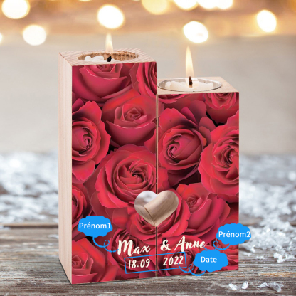 Candelero de rosas para pareja de madera de dos piezas sin candela con nombres personalizados y fecha-Jessemade ES