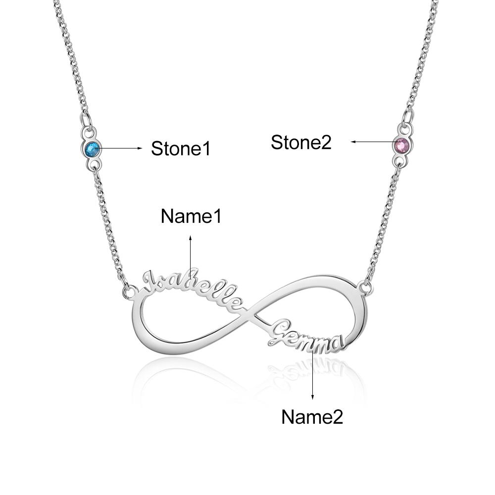 Collar para Mujer de "infinito" 2 Nombres y 2 Piedras de Nacimiento Personalizados