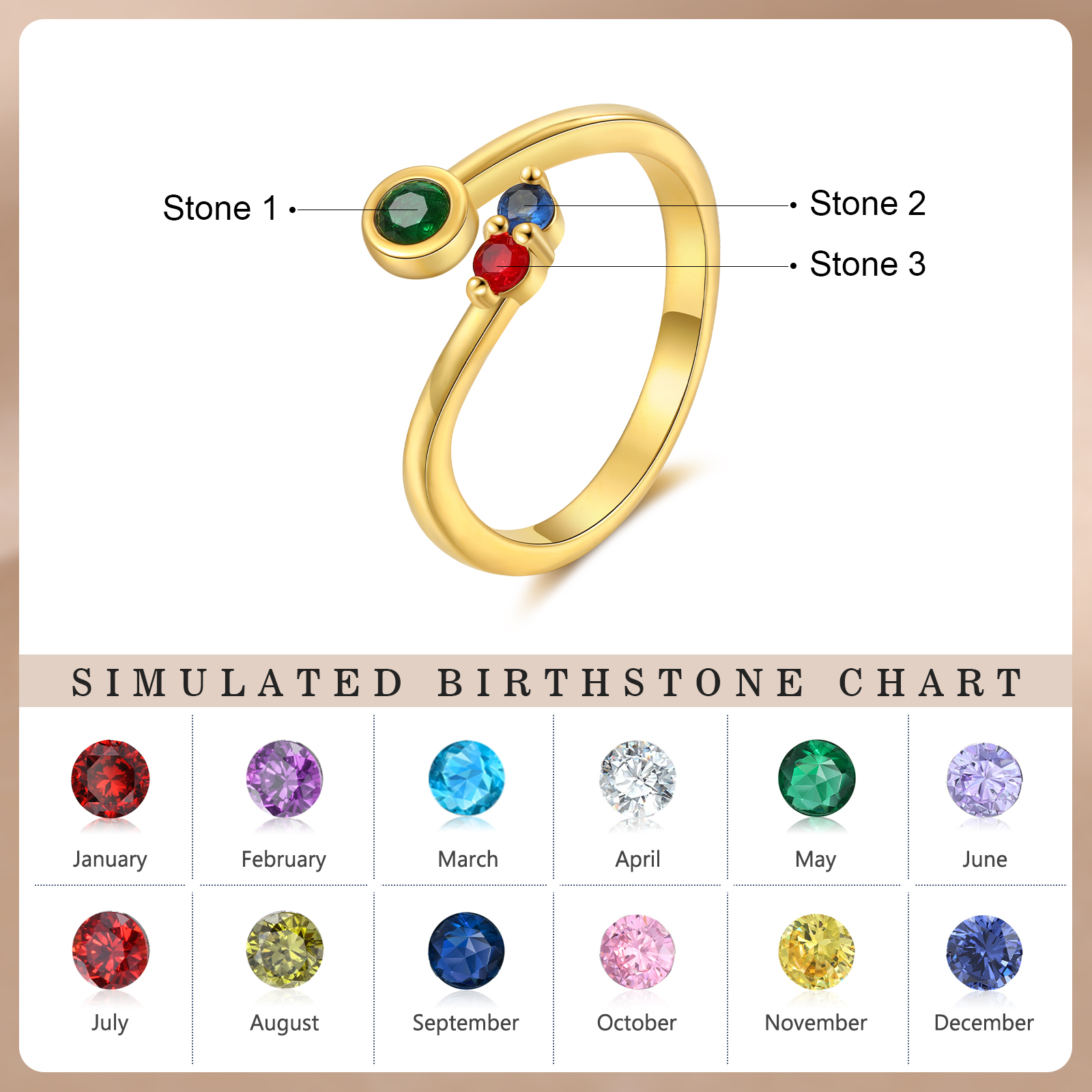 Anillo personalizado con 2-5 piedras de nacimiento anillo ajustable-Jessemade ES