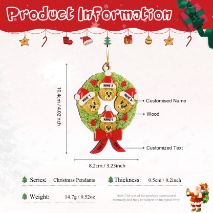 Navidad-Ornamentos Navideños de Madera Guirnalda y osos 4 Nombres con 2 Textos Personalizados