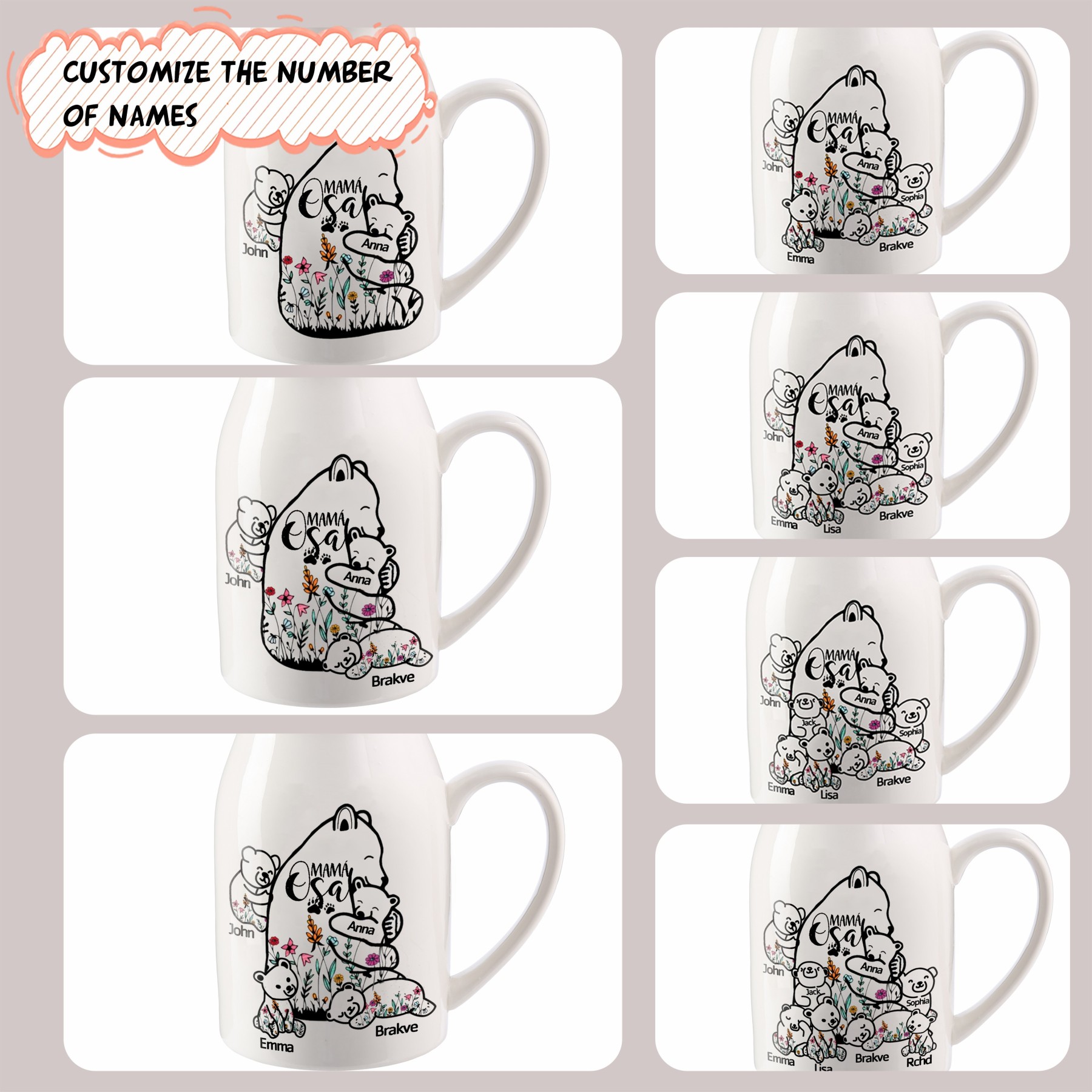 Florero de cerámica mamaosa y sus bebés 2-8 nombres personalizados con texto decoración del hogar-Jessemade ES