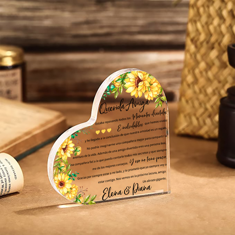Placa de acrílico en forma de corazón para amiga con 1 texto personalizado-Jessemade ES