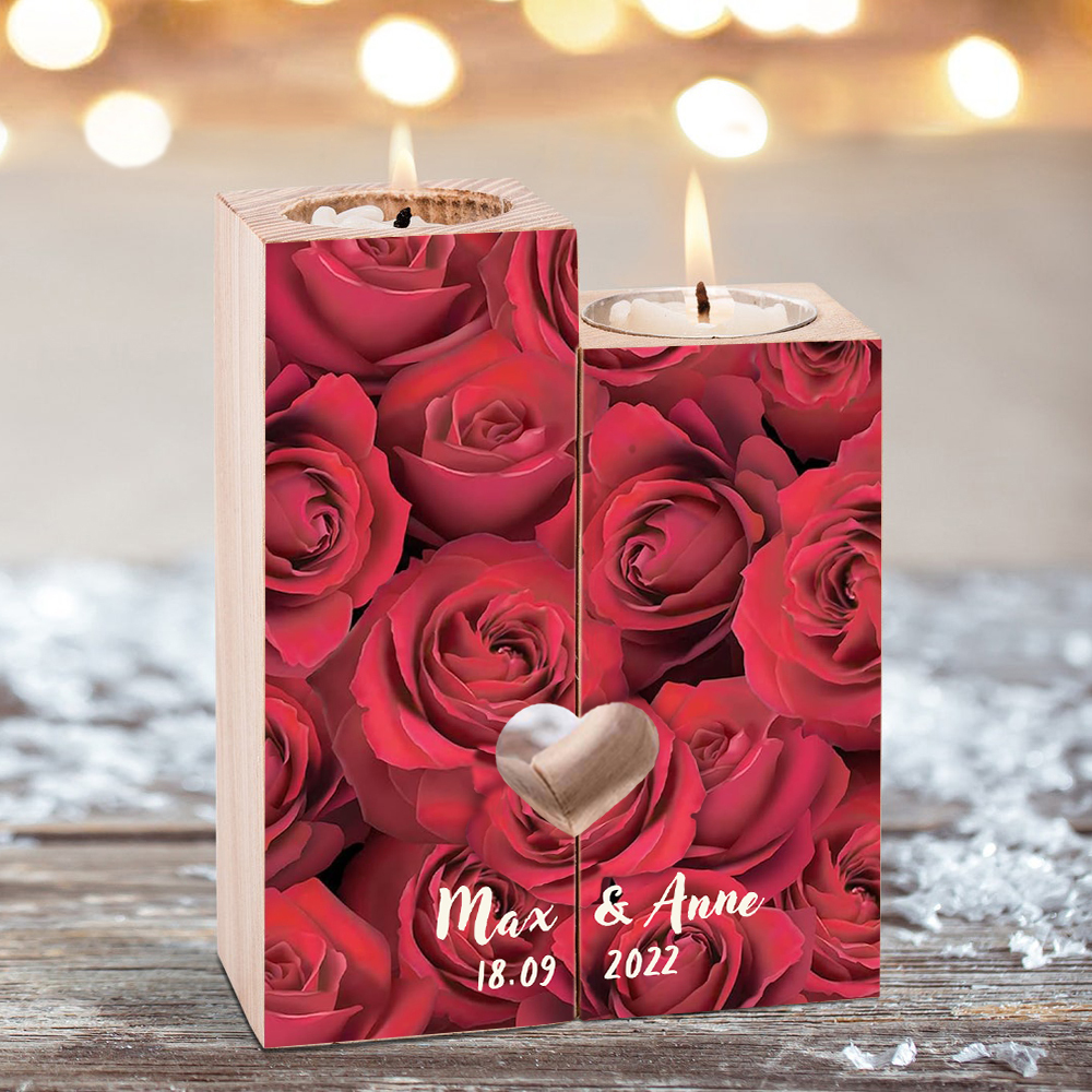 Candelero de rosas para pareja de madera de dos piezas sin candela con nombres personalizados y fecha-Jessemade ES