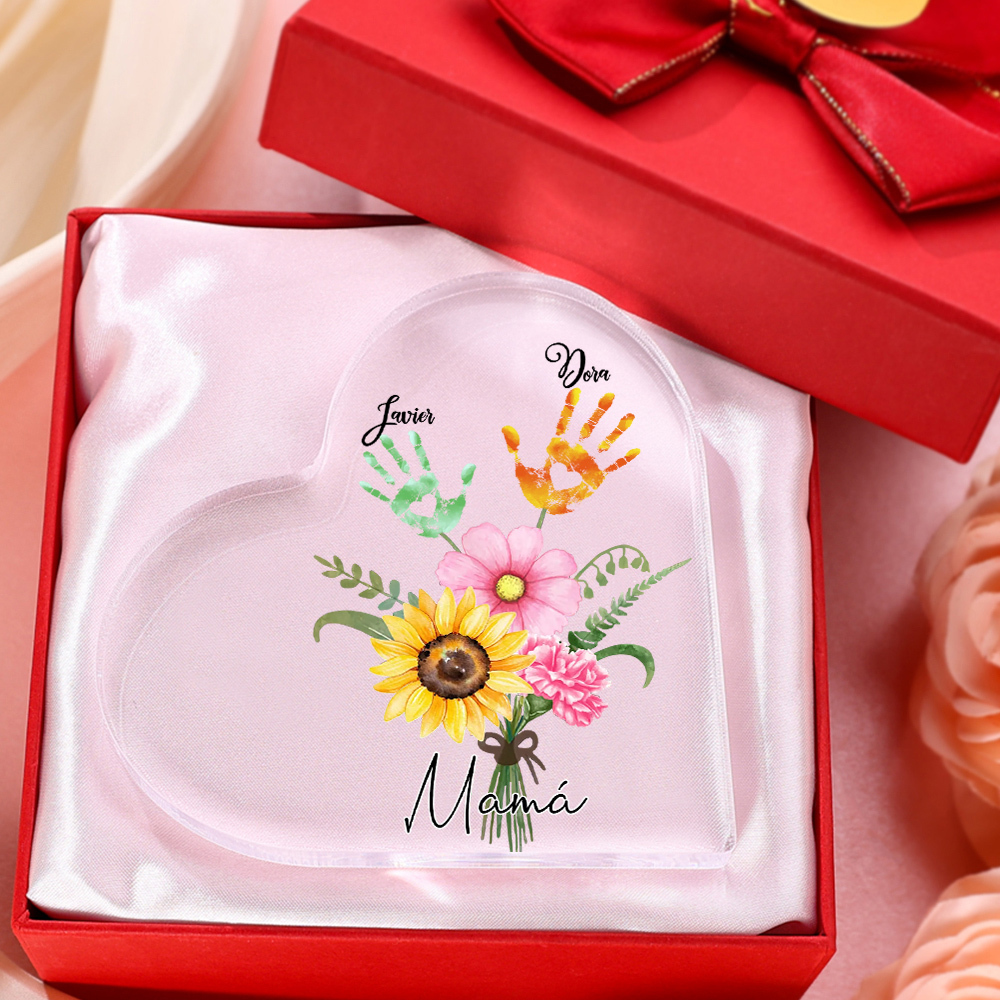 A mi mamá-Placa de acrílico en forma de corazón flor y manitas 1-5 nombres personalizados-Jessemade ES