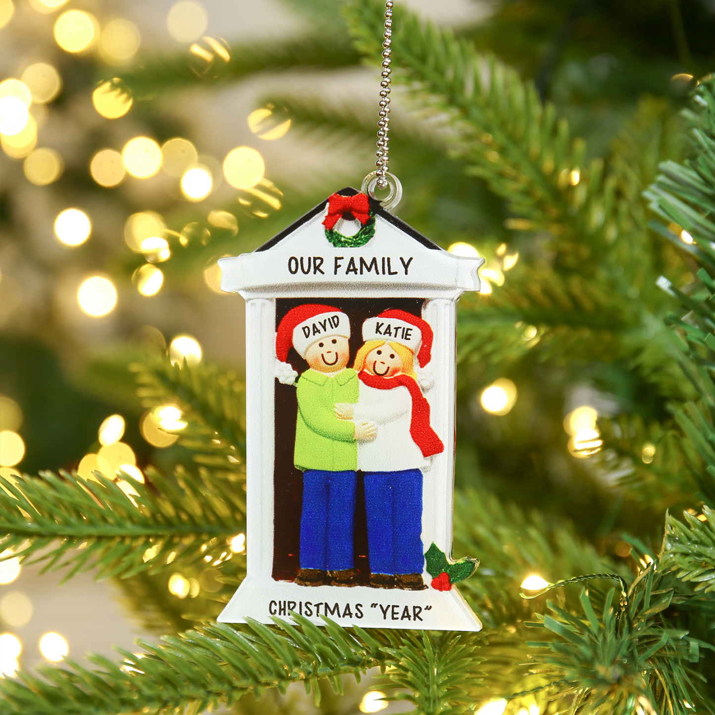 Navidad-Ornamentos Navideños de Acrílico Familia en Puerta 2 Nombres Personalizados con 2 Textos