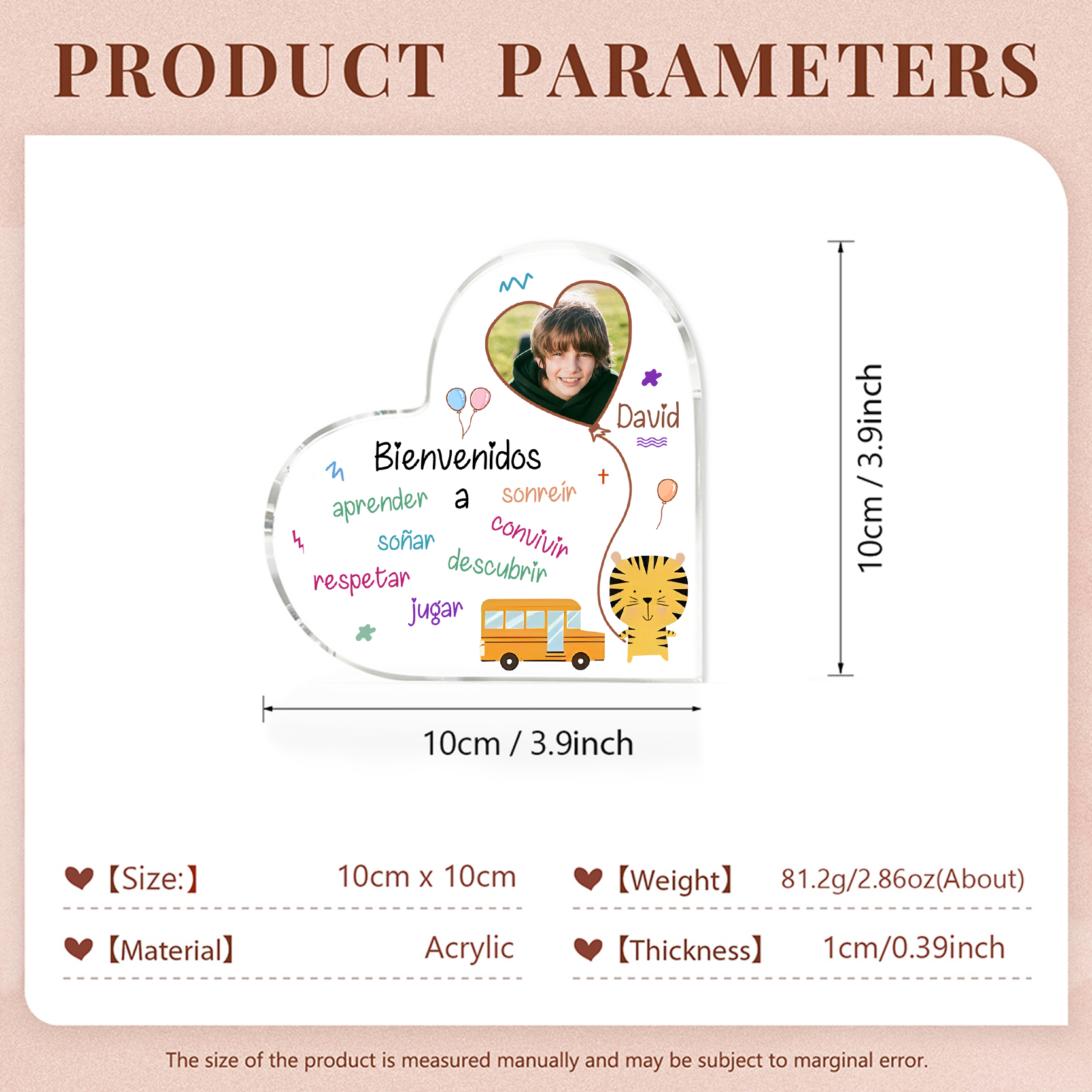 [Copy]Vuelta al cole-Placa de acrílico en forma de corazón con nombre y foto personalizados