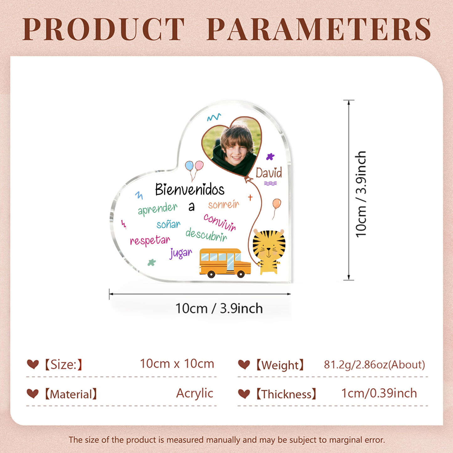 [Copy]Vuelta al cole-Placa de acrílico en forma de corazón con nombre y foto personalizados