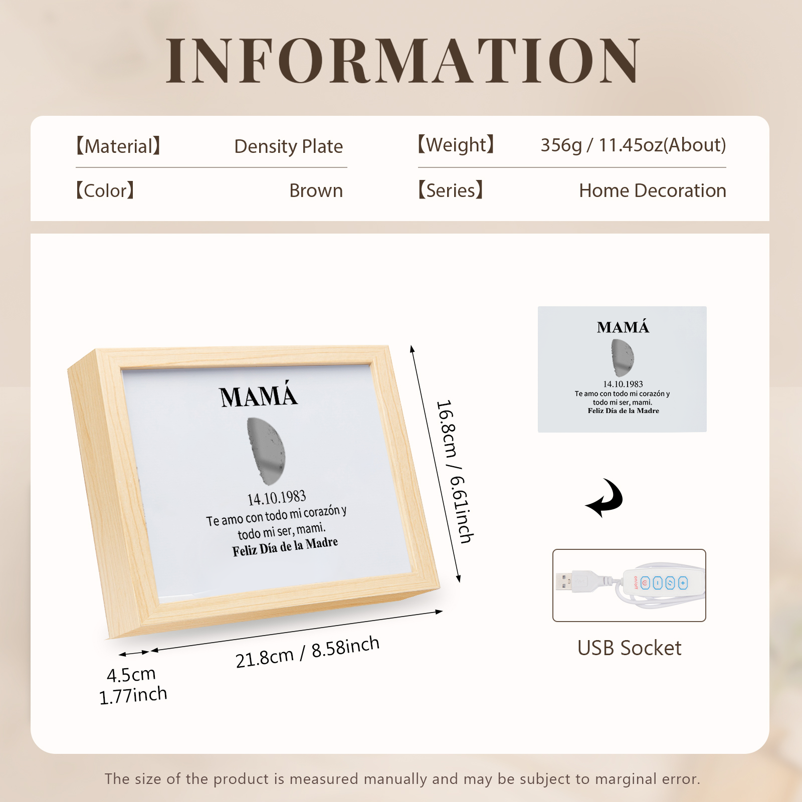 A mi mamá-Marco de luna del día que nació personalizado con fecha y texto con lámpara-Jessemade ES