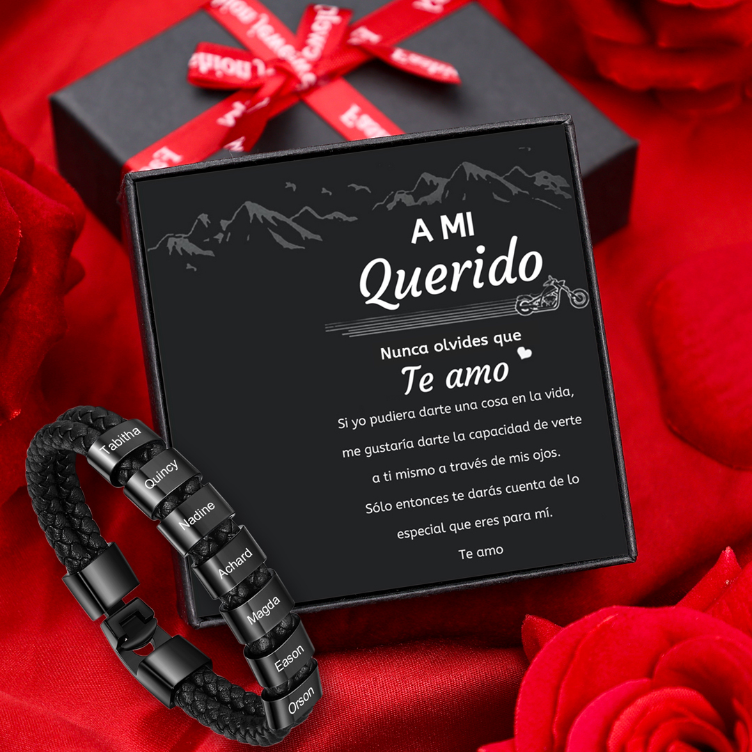 A mi querido-Pulsera de cuero trenzado Pulsera de hombre con 7 aros personalizados con 7 nombres-Jessemade ES