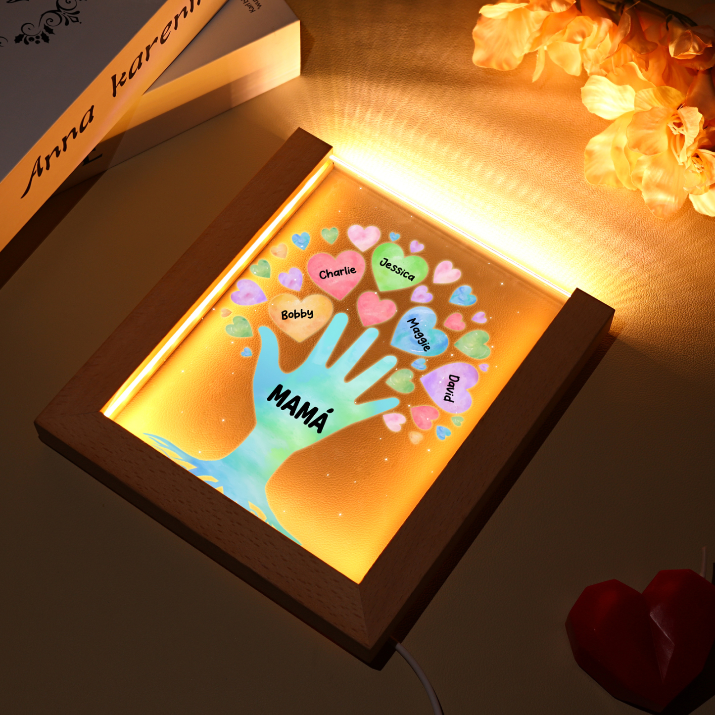 A mi mamá/abuela-Lámpara Personalizada con 2-8 Nombres y Texto "árbol y corazones" 3D Ilusión Luz de Noche-Jessemade ES